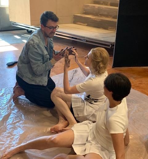 Cast members Ben Bliss, Amanda Majeski and Emily D'Angelo working with the goop
